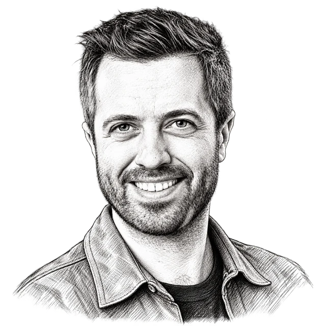 Hand-drawn ink portrait of Chet Mancini