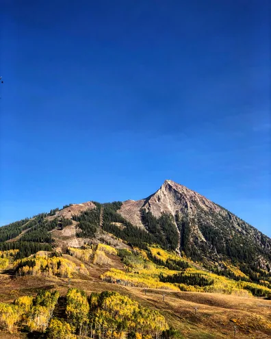 Mount Crested Butte rising above slopes of golden aspens on a clear autumn day.